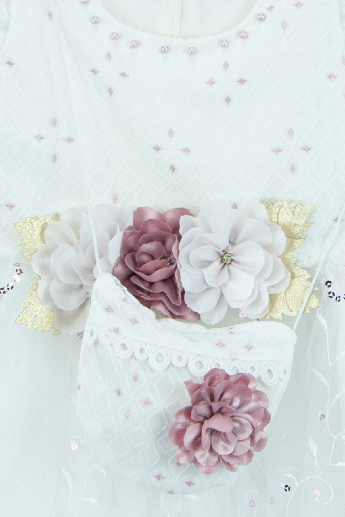 Kız Çocuk 4-5-6-7-8-9 Yaş Şirin Güllü Çantalı Astarlı Etekli Pamuklu Kumaş Pullu Elbise